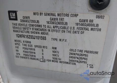 2003 Chevrolet Suburban 1500 Lt z USA, uszkodzony, nr VIN 1GNFK16Z03J101593